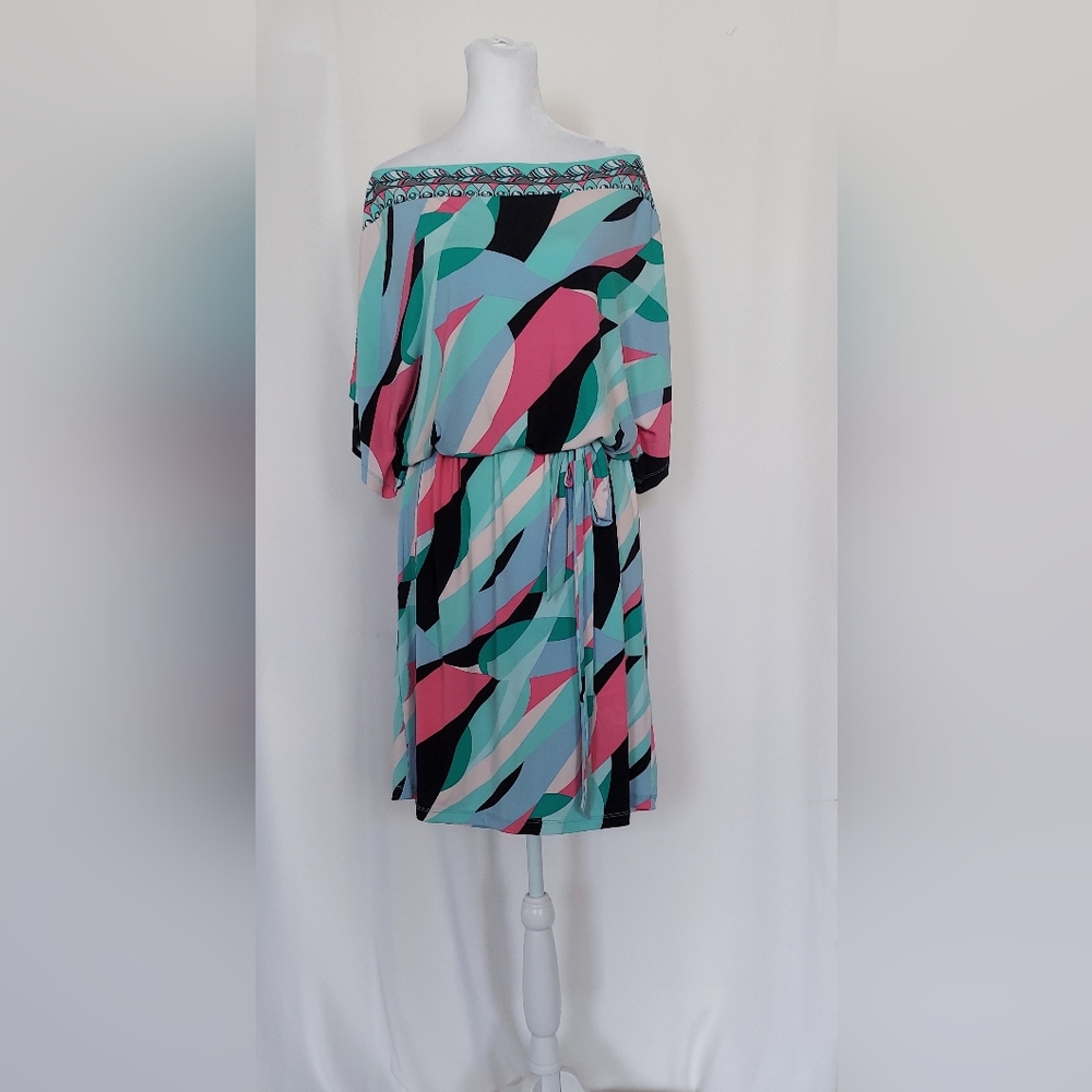 Jennifer Lopez Off The Shoulder Tie Waist Geometric Print Dress Size XL